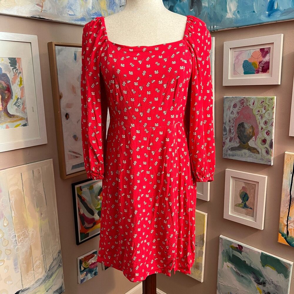 Sanctuary Cilia Red Floral Square Neck‎ Long Sleeve Mini Dress Size 8 Romantic